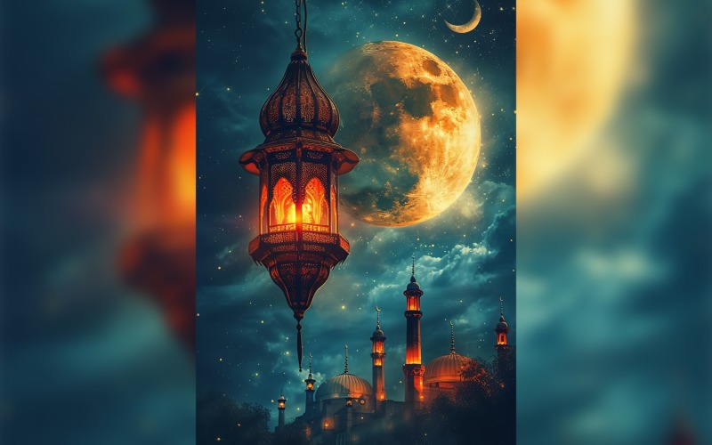 Ramadan Kareem greeting poster design with lantern & moon with mosque minar Background