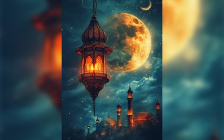 Ramadan Kareem greeting poster design with lantern & moon with mosque minar