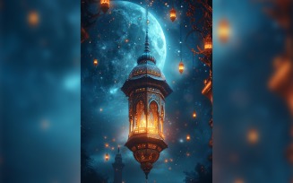 Ramadan Kareem greeting poster design with lanterns & moon