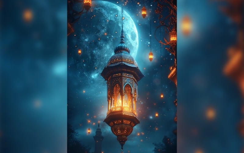 Ramadan Kareem greeting poster design with lanterns & moon Background