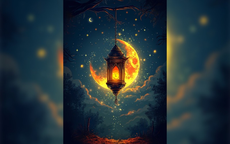 Ramadan Kareem greeting poster design with moon & lantern 01 Background