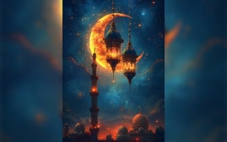 Ramadan Kareem greeting poster design with moon & lantern with mosque minar