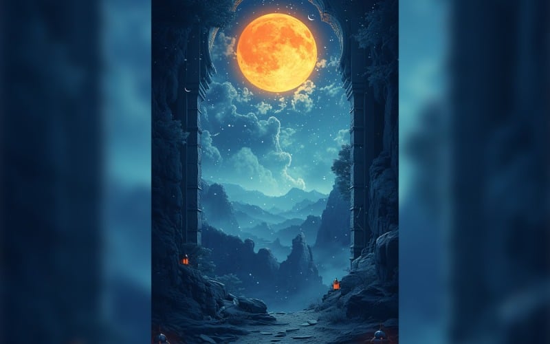 Ramadan Kareem greeting poster design with moon & lantern Background
