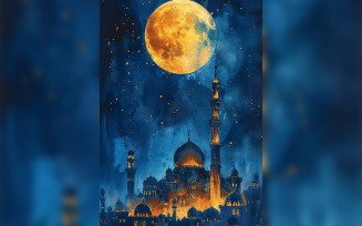 Ramadan Kareem greeting poster design with moon & mosque 01