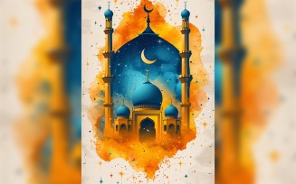 Ramadan Kareem greeting poster design with moon & mosque minar watercolor paint on white