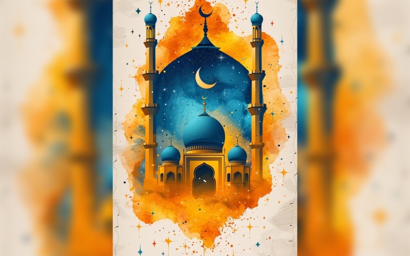 Ramadan Kareem greeting poster design with moon & mosque minar watercolor paint on white Background