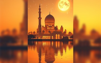Ramadan Kareem greeting poster design with moon & mosque minar