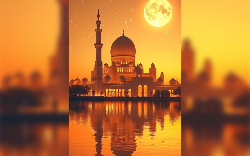 Ramadan Kareem greeting poster design with moon & mosque minar Background