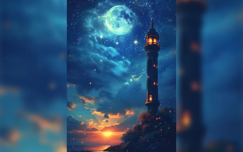 Ramadan Kareem greeting poster design with moon & mosque with sea view Background