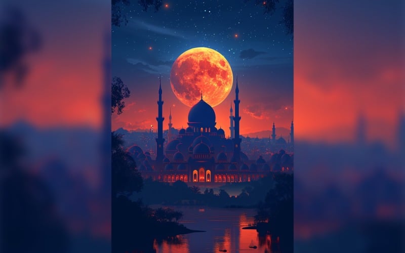 Ramadan Kareem greeting poster design with moon & mosque Background