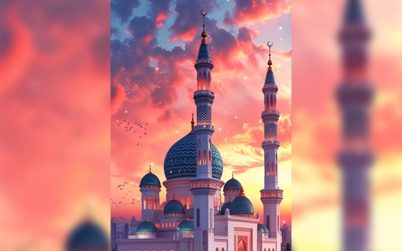 Ramadan Kareem greeting poster design with mosque & cloud background Background