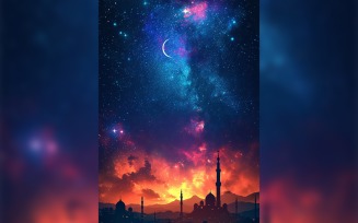 Ramadan Kareem greeting poster design with mosque minar & moon with multi color galaxy