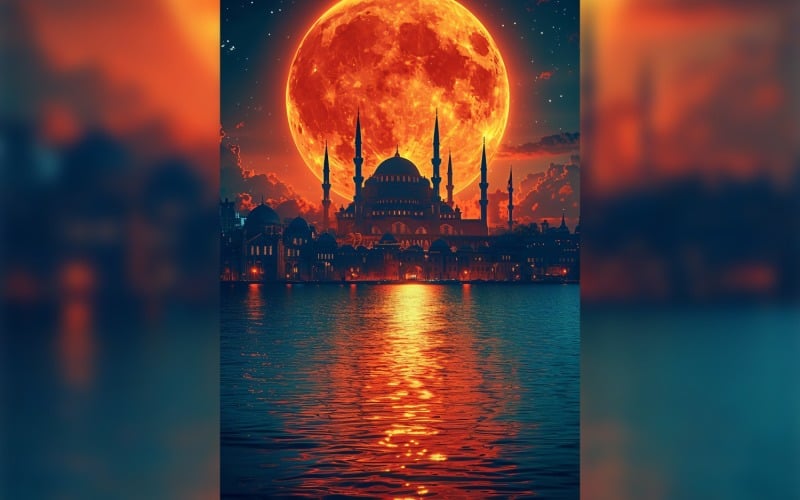 Ramadan Kareem greeting poster design with mosque minar & moon Background