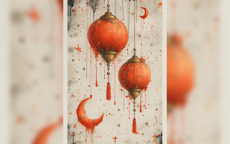 Ramadan Kareem greeting poster design with watercolor moon and lantern paint on the wall Background
