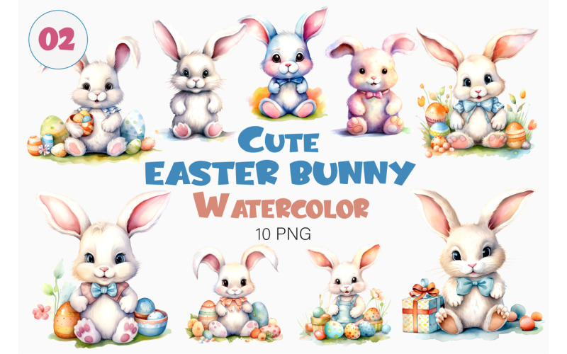 Cute Easter Bunny 02. Watercolor, PNG. Illustration
