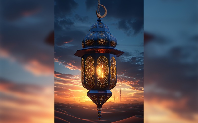 Ramadan Kareem greeting poster design with lantern & desert Background