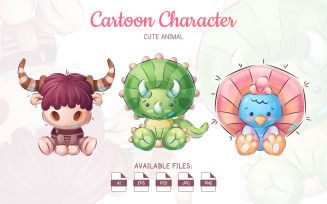 Set 3 Cartoon Characters: Yak, Triceratops, Peacock