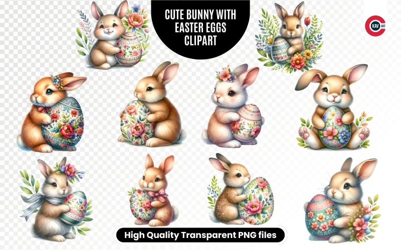 Hoppy Easter, Adorable Bunny with Easter Egg Clipart Illustration