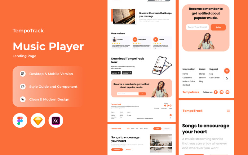 TempoTrack - Music Player Landing Page V1 UI Element