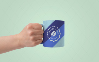 Mug held in hand, customizable with various logo designs and colors