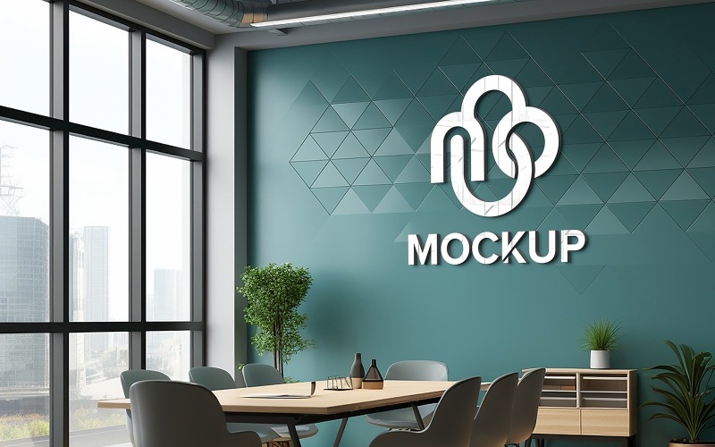 Office meeting room logo mockup logo mockup office cyan wall meeting room Product Mockup