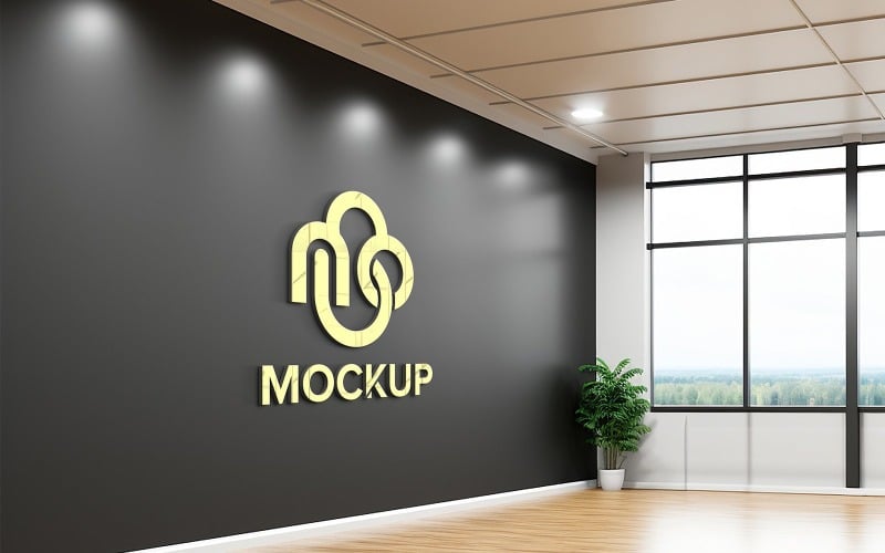 Office wall mockup logo realistic 3d indoor logo mockup on black office wall empty wall mockup Product Mockup