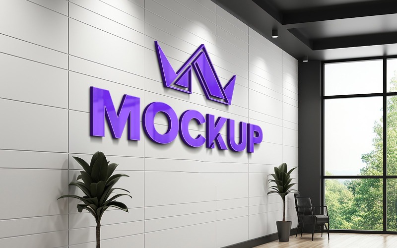 White wall indoor 3d purple logo mockup Product Mockup