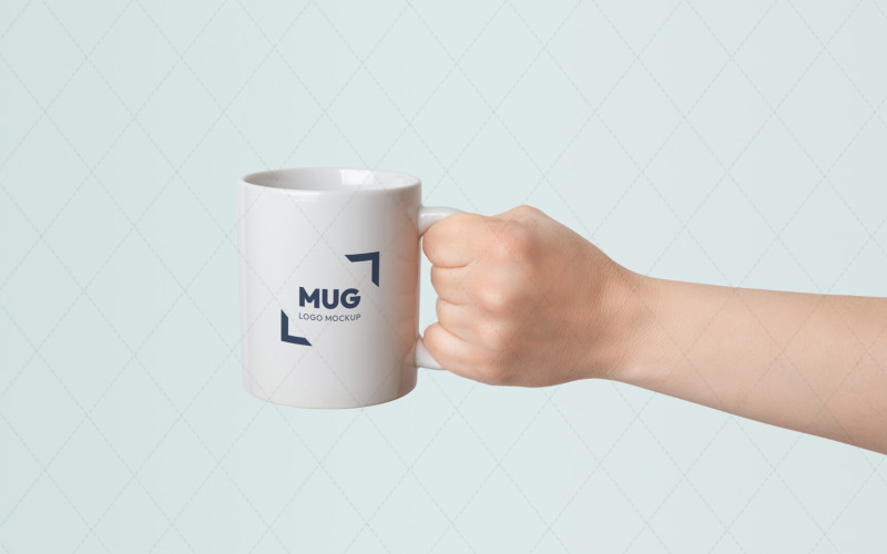White mug held in hand with logo branding mockup and interchangeable background Product Mockup