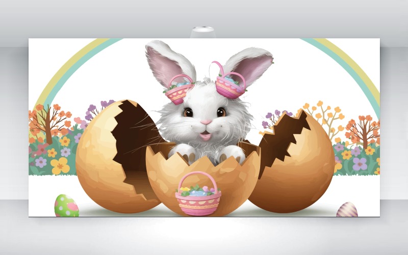 Cracked Easter Egg With Rabbit Illustration Template