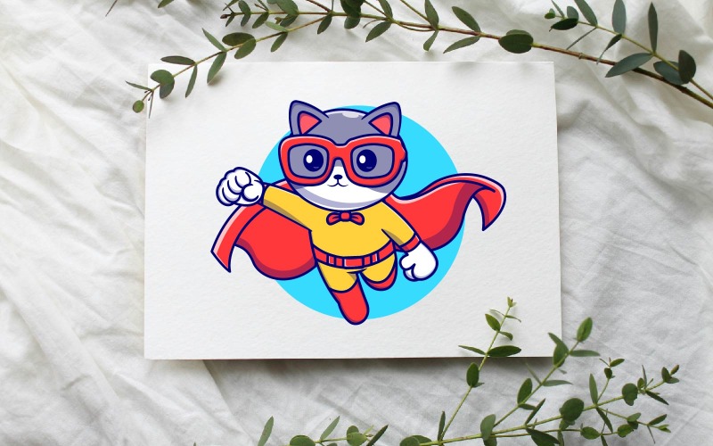 Cute Cat Super Hero Cartoon Vector Icon Graphic Design illustration Logo Template