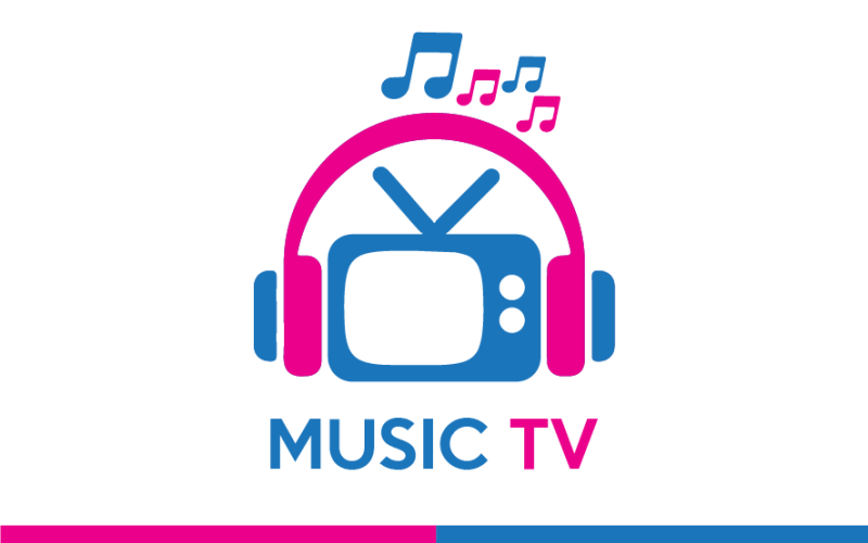 Music TV logo with music note, television and headphone Logo Template