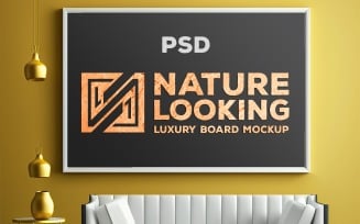 Livingroom mockup_luxury board mockup_board mockup on the yellow wall_interior board mockup