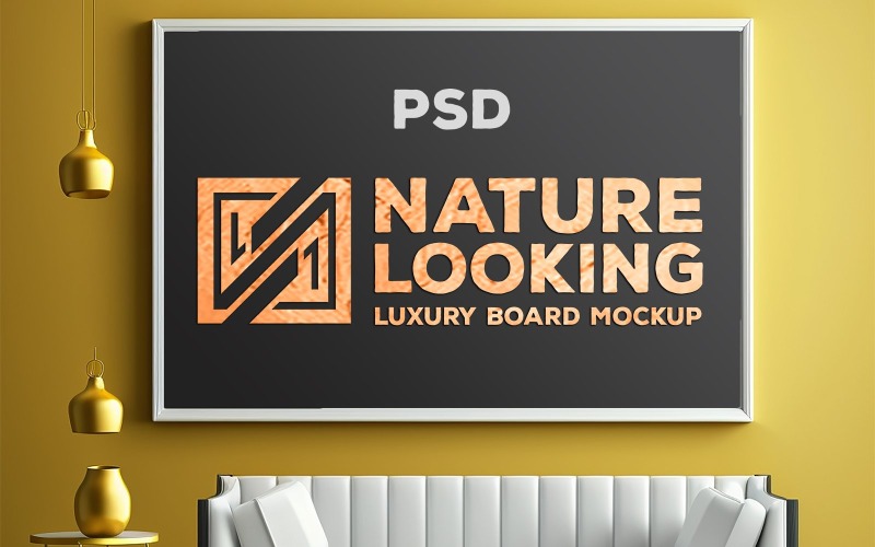 Livingroom mockup_luxury board mockup_board mockup on the yellow wall_interior board mockup Product Mockup