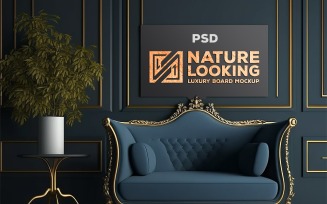 Luxury board mockup with blue sofa