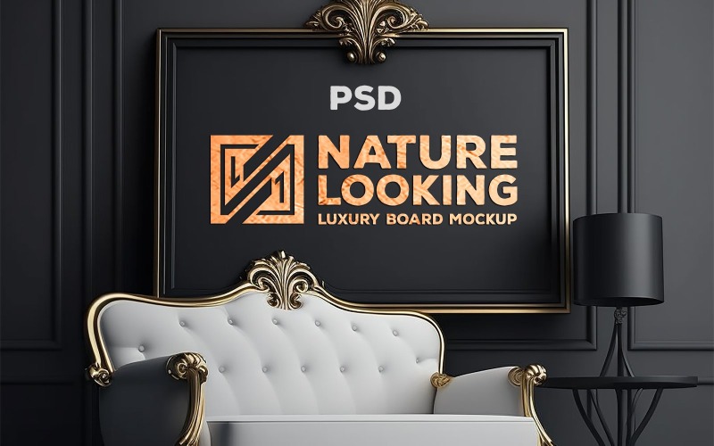 Luxury board mockup_wooden board mockup_board logo mockup with white sofa Product Mockup