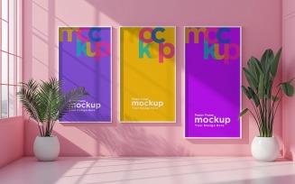 3 Poster Frame Mockup on wall with decorative items