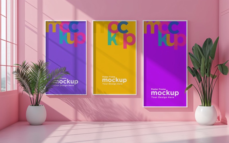 3 Poster Frame Mockup on wall with decorative items Product Mockup