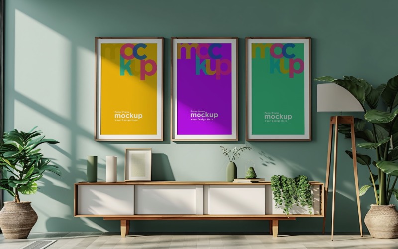 3 Poster Frame Mockup with decorative items on the table 01 Product Mockup