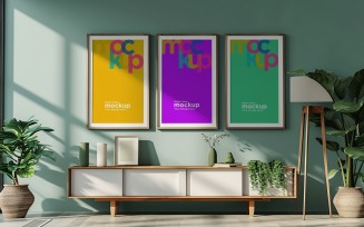 3 Poster Frame Mockup with decorative items on the table 01