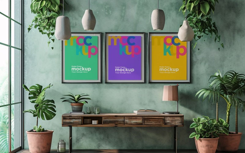 3 Poster Frame Mockup with decorative items on the table 03 Product Mockup