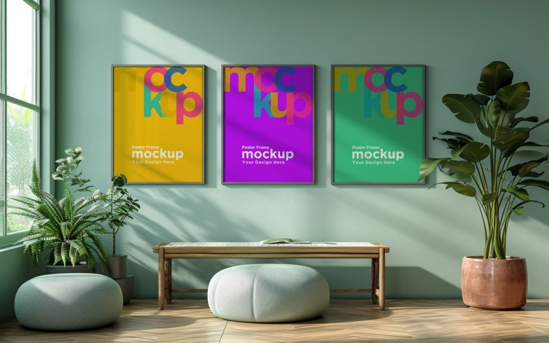 3 Poster Frame Mockup with decorative items on the table Product Mockup