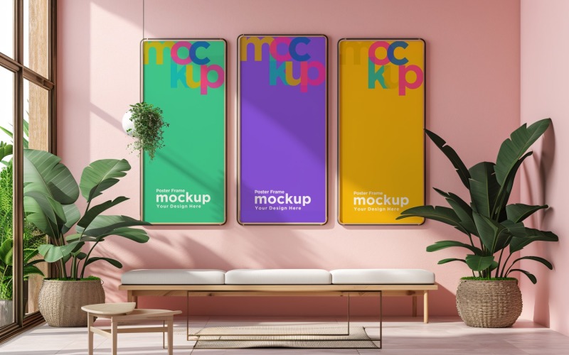 Poster Frame Mockup on pink wall with decorative items Product Mockup