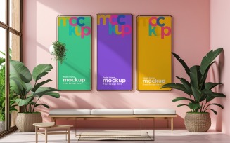 Poster Frame Mockup on pink wall with decorative items