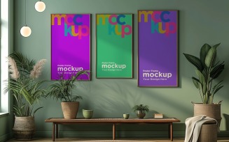 Poster Frame Mockup with decorative items on a green wall
