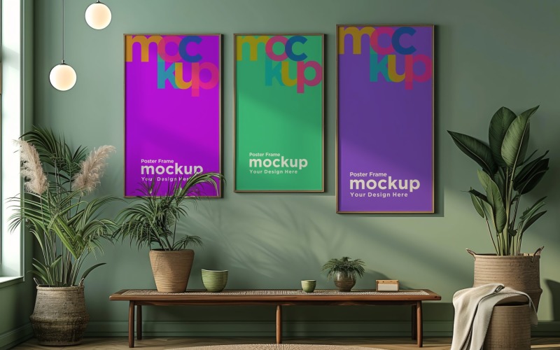 Poster Frame Mockup with decorative items on a green wall Product Mockup