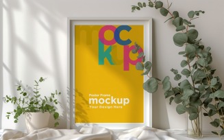 Poster Frame Mockup with decorative items on the shelf 02
