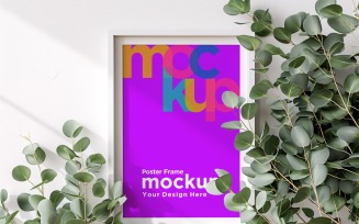 Poster Frame Mockup with decorative items on the shelf 07
