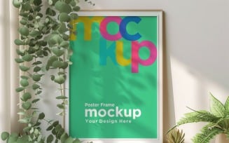 Poster Frame Mockup with decorative items on the shelf 08