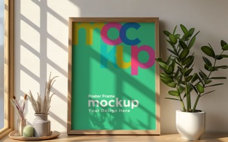 Poster Frame Mockup with decorative items on the table 01