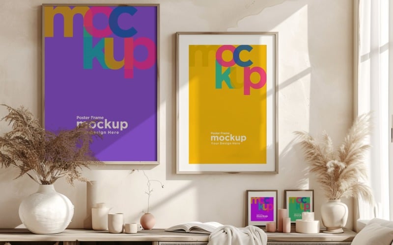 Poster Frame Mockup with Vases and Decorative Items 04 Product Mockup
